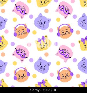 Seamless pattern with cat faces and dots  Stock Vector