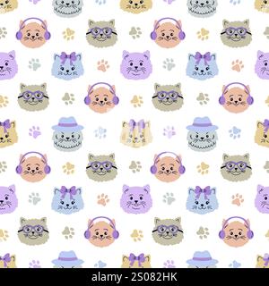 Seamless pattern with cat faces and paws  Stock Vector