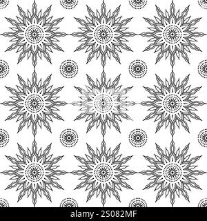 Seamless sun pattern on a white background, featuring intricate rays and dotted details Stock Vector