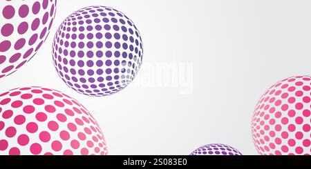 White, Purple and Red Spotted, Textured 3D Globes, Balls with Round Lit Surfaces, Geometric Pattern, Futuristic Minimalist Multi Purpose Wide Scale Te Stock Vector