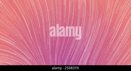 Purple, Red and White Colored Flow of Moving Particles in Dense Curving Lines - Modern Style Striped Pattern, Futuristic Abstract Geometric Background Stock Vector