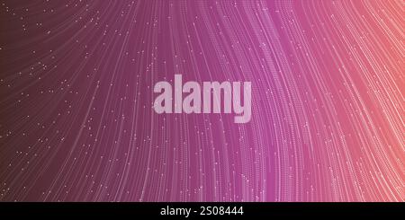 Purple, Red and White Colored Flow of Moving Particles in Dense Curving Lines - Modern Style Striped Pattern, Futuristic Abstract Geometric Background Stock Vector