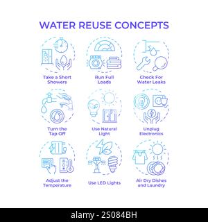 Water reuse blue gradient concept icons Stock Vector