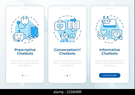 Types of medical chatbots blue onboarding mobile app screen Stock Vector
