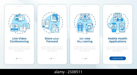Types of telehealth services blue onboarding mobile app screen Stock Vector