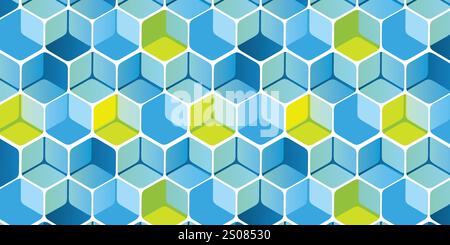 Modern Style 3D Cuboids Texture Colored in Shades of Blue and Green - Mosaic Pattern, Editable Abstract Geometric Background Design, Vector Template Stock Vector