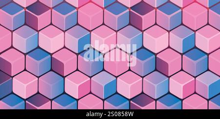 Modern Style 3D Cuboids Texture Colored in Shades of Blue, Purple and Pink - Mosaic Pattern, Editable Abstract Geometric Background Design, Vector Tem Stock Vector