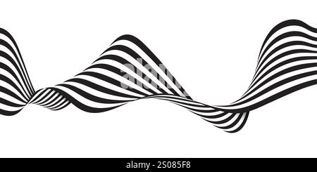 Black and White Isolated Flowing 3D Striped, Wavy, Curvy, Shapes Design, Creative Abstract Optical Illusion - The Dynamic Pattern Twists and Turns Acr Stock Vector