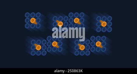 Geometric Cluster of Tubular Shapes:  Blocks of Many Blue Tubes with Central Orange Accents on a Dark Background Stock Vector