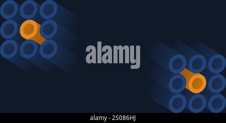 Dark Geometric Shapes of Tubular Blocks of Many Blue Tubes with Central Orange Accents on a Dark Background - Copyspace in the Center - Design Templat Stock Vector