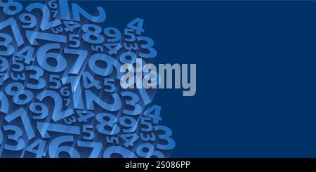 A dark blue background featuring a tight group of various three dimensional number shapes and copyspace. The digits create a dynamic and visually capt Stock Vector