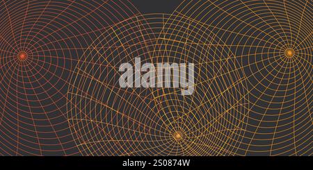 Dynamic Spiral Network Grid - Convergence of Lines, a Complex, Spiraling Circular Concentric Network of Intersecting Brown Lines on a Dark Background Stock Vector