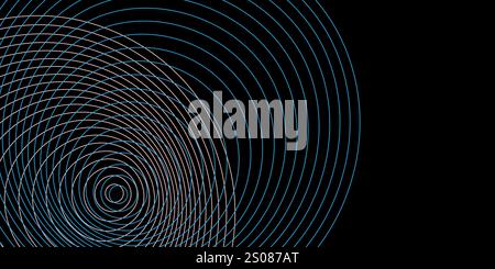 Dark pattern of concentric spirals, gradually expanding. Blue and white circular lines design against a stark black background, creating a sense of de Stock Vector