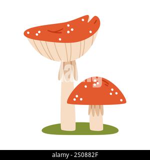 Two cute fly agarics.Cute amanita with red hat and white spots. Hand-drawn colored flat vector illustration isolated on white background. Stock Vector