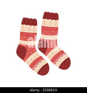 Knitted and cozy warm.Socks are arranged in a fun, scattered layout, showcasing a cute and minimal flat style. Stock Vector