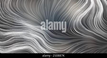 Many Dense White Moving, Flowing, Curving, Bending Wavy Lines - Futuristic Abstract 3D Geometric Black and White Background Design, Landing Page Templ Stock Vector