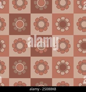 Floral mocha mousse seamless pattern. Geometric brown background with minimalistic repeatable square tile design with flower. Vector illustration. Min Stock Vector
