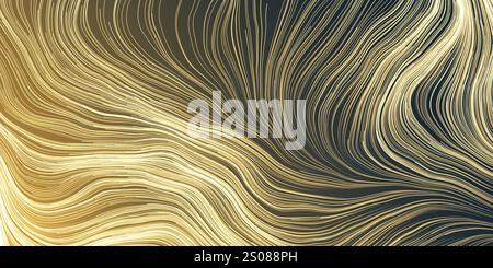 Many Dense White Moving, Flowing, Curving, Bending Wavy Lines - Futuristic Abstract 3D Geometric Grey, Brown and Black Background Design, Landing Page Stock Vector