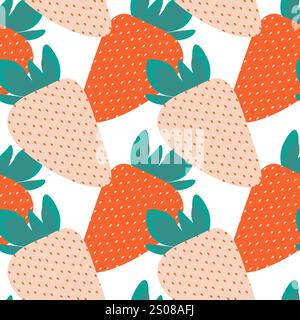 White and red strawberry with leaves Seamless pattern in trendy doodle minimalist Fruits background. Isolated Vector illustration Thematic or menu cards, leaflets, greetings, label or web promo banner Stock Vector