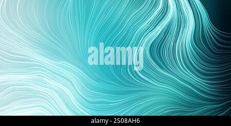 Many Dense White Moving, Flowing, Curving, Bending Wavy Lines - Futuristic Abstract 3D Geometric Green and Turquoise Colored Background Design, Landin Stock Vector