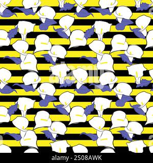 Seamless tropical pattern featuring calla lilies, arum lilies, showcasing an all-over exotic floral design. The vector style, yellow, black stripe Stock Vector