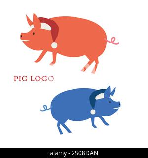 Pig logo vector mockup template technical flat design Stock Vector