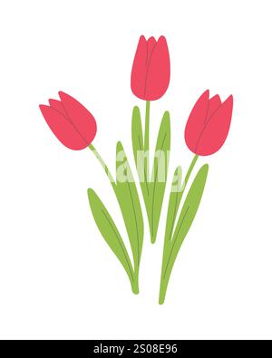 Bouquet of tulips with leaves. Cut flowers, simple hand drawn flowers. Spring holiday design element, plants, flora. Flat isolated vector illustration Stock Vector