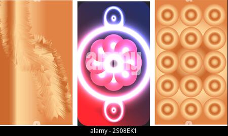 Three Abstract vertical backgrounds wallpapers set two wooden color and one blue red circular lights glowing Stock Vector