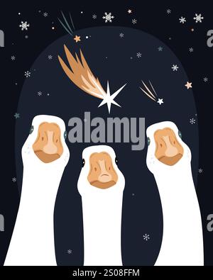 Three surprised goose birds and snow cartoon shooting stars in the sky isolated illustration. Merry Christmas card. Comet vector Stock Vector