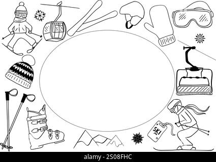 Winter sports background with graphic line ski equipment elements in oval with space for text. Winter activities vector frame card with skiing equipme Stock Vector