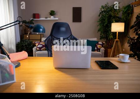 Explore a unique workfromhome setup featuring a vibrant and creative decor style that inspires Stock Photo
