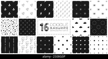 16 Doodle seamless patterns collection. Stock Vector