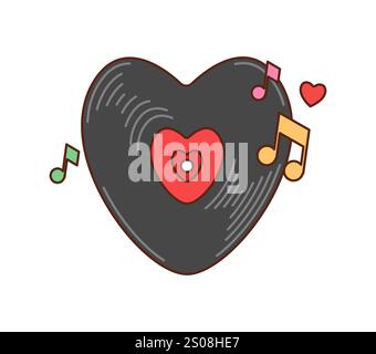 Cartoon groovy groovy heart shaped vinyl disk with musical notes and heart symbols for Valentines Day celebration. Vector disk captures essence of love, romance and retro music with funky y2k vibe Stock Vector