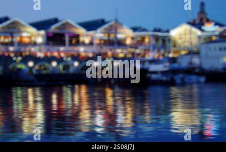 South Africa Cape Town. Abstract Blurred Bokeh Architectural Urban Background Of City Embankment. Real Defocused Colorful Backdrop Lights Of City Stre Stock Photo