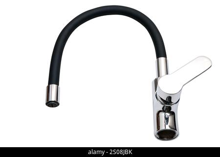 Single lever sink mixer black spout chrome saver isolated on white with clipping path Stock Photo