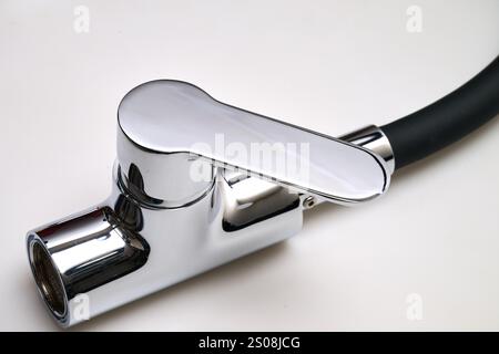 Single lever sink mixer black spout chrome saver isolated on white background Stock Photo