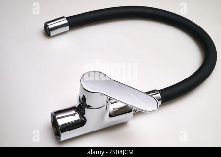 Single lever sink mixer black spout chrome saver isolated on white background Stock Photo