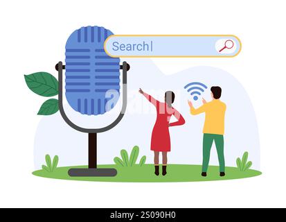 Voice search online, user recognition and application control by customer commands. Tiny people use browsers search bar and microphone to find information on internet cartoon vector illustration Stock Vector