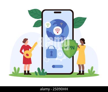 Privacy protection and safety online using VPN. Tiny people holding secure shield, use virtual key to safe lock on mobile phone screen to protect private digital data cartoon vector illustration Stock Vector