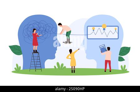Mental health, coaching, self education for development of cognitive skills. Tiny people unravel mess of thoughts in brain with transformation into order and light bulbs cartoon vector illustration Stock Vector