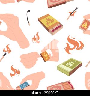 Seamless pattern featuring matchsticks, flames, and hands lighting matches. Ideal for decorative purposes and themed designs vector illustration. Stock Vector