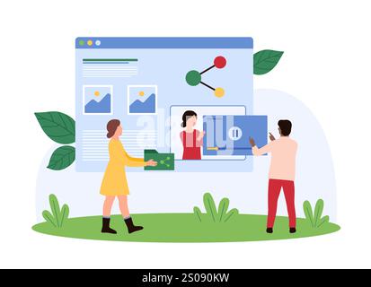 Data download online, digital documents upload and exchange, multimedia archive copy and storage. Tiny people holding folder with files and video to share to users cartoon vector illustration Stock Vector