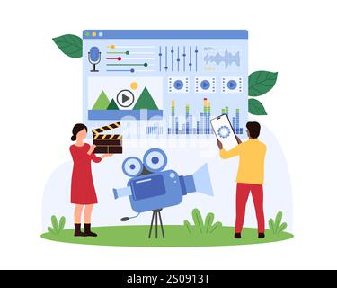 Video production and editing, film montage, content generation. Tiny people edit animation, sound and timeline with visual automation tools on window of editor software cartoon vector illustration Stock Vector