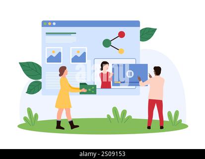 Data download online, digital documents upload and exchange, multimedia archive copy and storage. Tiny people holding folder with files and video to share to users cartoon vector illustration Stock Vector