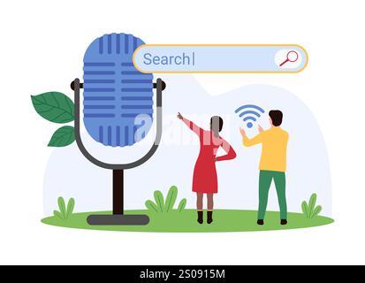 Voice search online, user recognition and application control by customer commands. Tiny people use browsers search bar and microphone to find information on internet cartoon vector illustration Stock Vector