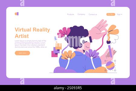Immersive Reality Artist concept. A user engaging with virtual reality, creating digital artwork in an interactive simulation. Creativity meets technology. Vector illustration. Stock Vector