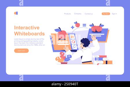 Edtech concept. Digital classroom interaction featuring a teacher using an interactive whiteboard with education icons. Vector illustration. Stock Vector