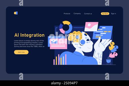 AI Integration concept. An illustration demonstrating the automation of processes using artificial intelligence. A character interacts with virtual data screens. Vector illustration. Stock Vector
