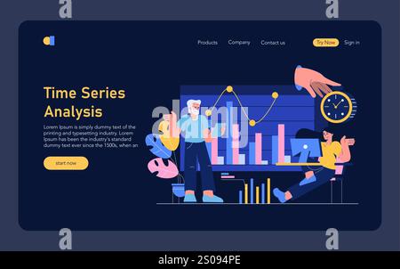Forecasting concept. Analysts interpreting trends in time series data with graphs, under guidance. Indicators of business performance. Vector illustration. Stock Vector