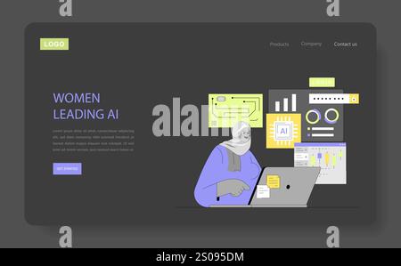 Female professional working on artificial intelligence projects depicted within a technology interface. Empowering inclusion in tech. Vector illustration. Stock Vector